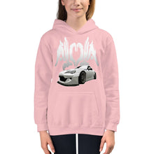 girl wearing pink "Aloha86" youth hoodie logo front