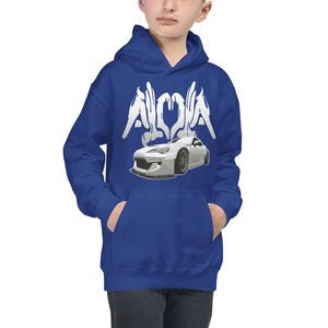 boy wearing blue "Aloha86" youth hoodie logo front