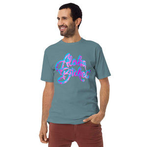Man wearing blue "Aloha Bitches" tee looking right