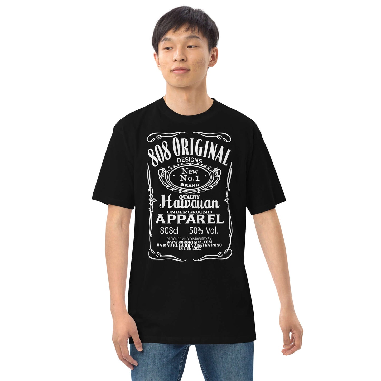 Adult male wearing "HARDS" tee facing front