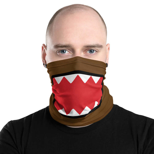 Adult male wearing "DOMO KUN" neck gaiter facing front