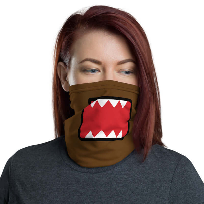 Adult female wearing "DOMO KUN" neck gaiter facing front